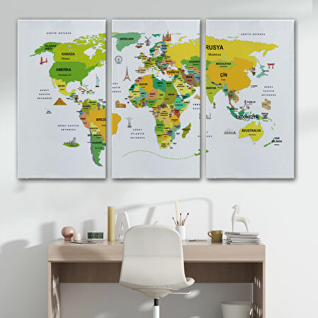 Harita Sepeti Türkçe Dünya Haritası Dekoratif Kanvas Tablo Ülke-Başkentli Öğretici ve Sembollü 2324