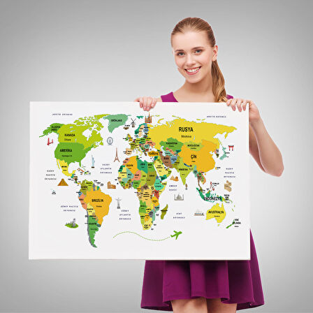 Harita Sepeti Türkçe Dünya Haritası Dekoratif Kanvas Tablo Ülke-Başkentli Öğretici ve Sembollü 2324