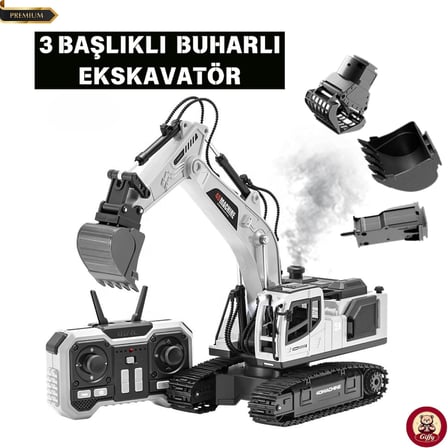 Oyuncak Uzaktan Kumandalı Şarjlı Buharlı Ekskavatör 3 Başlıklı LED Işıklı Sesli 360° Dönen Paletli İş Makinesi