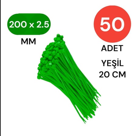 Yeşil Plastik Kablo Bağı | 200mm x 2.5mm | 50 Adet | Cırt Kelepçe Seti | Kablo Düzenleyici Bağ