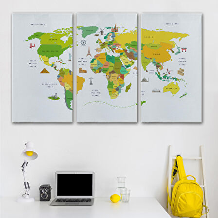 Harita Sepeti Dünya Haritası Dekoratif Kanvas Tablo Ülke ve Başkentli Öğretici ve Sembollü 2325