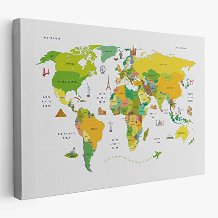 Harita Sepeti Dünya Haritası Dekoratif Kanvas Tablo Ülke ve Başkentli Öğretici ve Sembollü 2325