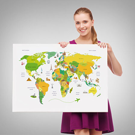 Harita Sepeti Dünya Haritası Dekoratif Kanvas Tablo Ülke ve Başkentli Öğretici ve Sembollü 2325