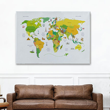 Harita Sepeti Dünya Haritası Dekoratif Kanvas Tablo Ülke ve Başkentli Öğretici ve Sembollü 2325