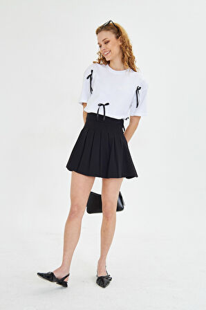 Kurdele Tasarımlı Oversize  %100 Pamuk Kadın Tişört