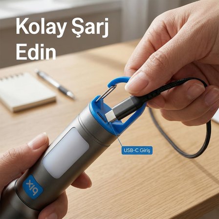 BX1010FL Beyaz-Mavi-Turuncu 3 Renk LED Özellikli Max 500 Lümen ve 500 Metreye Kadar Menzilli USB-C Şarj Edilebilir 10W El Feneri