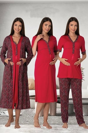 Effort Kadın Vişne Hamile Lohusa Sabahlıklı Gecelik Ve Pijama Set