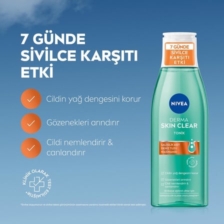 NIVEA Derma Skin Clear Sivilce Karşıtı Tonik 200ml,Gözenek Arındırıcı,Cildin Yağ Dengesini Korur,Nemlendirir,Salisilik Asit (BHA) Deniz Tuzu, Niasinamid,Sivilceye Eğilimli Ciltler
