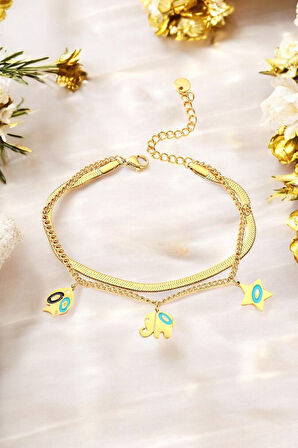 Balık,Fil ve Yıldız Gold Çelik Charm Bileklik 