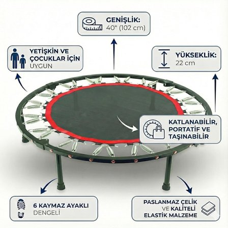 Trambolin 102 cm 40" Yuvarlak Stabil Çelik Çerçeve 22 cm Yükseklik Çocuk ve Yetişkin için Taşınabilir Profesyonel Fitness Egzersiz Trampolini