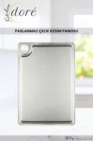 Paslanmaz Çelik Kesme Tahtası, 304 Çelik, Antibakteriyel Yüzey, Kaydırmaz Taban Sistemi, Özel Kanal Yapılı, 23x34 cm, 1.5 mm Kalınlık, 900gr