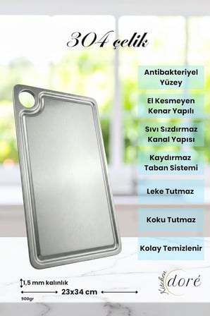 Paslanmaz Çelik Kesme Tahtası, 304 Çelik, Antibakteriyel Yüzey, Kaydırmaz Taban Sistemi, Özel Kanal Yapılı, 23x34 cm, 1.5 mm Kalınlık, 900gr