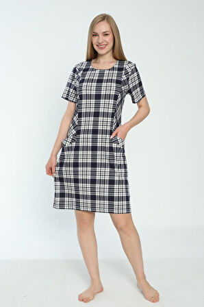 Kadın Ekose Desenli Kısa Kollu Cepli Elbise