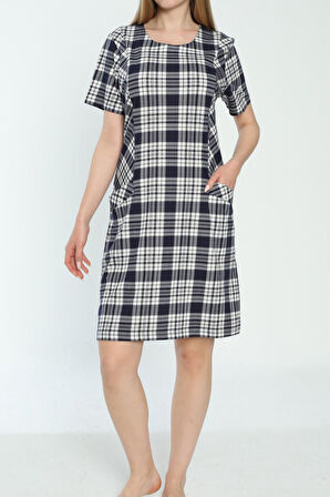 Kadın Ekose Desenli Kısa Kollu Cepli Elbise