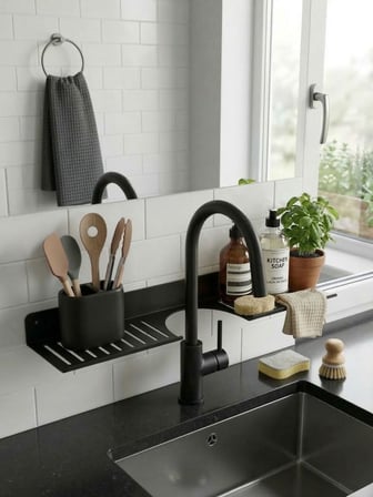 Eviye Önü Organizer Rafı Metal Lavabo Üstü Raf Mutfak Evye Üstü Organizer Duvara Yapışkanlı Delmeden Montaj Lavabo Arkası Raf Süngerlik Sabunluk Mutfak Rafı