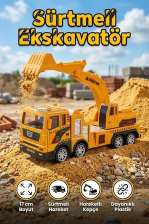 Oyuncak Sarı Kepçe Ekskavatör - Sürtmeli Hareketli İnşaat Kamyonu İş Makinesi (17 cm)