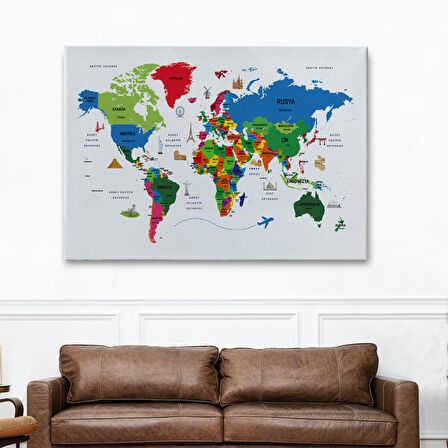 Harita Sepeti Türkçe Dünya Haritası Dekoratif Kanvas Tablo Ülke-Başkentli Öğretici ve Sembollü 2330