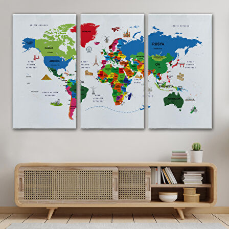 Harita Sepeti Türkçe Dünya Haritası Dekoratif Kanvas Tablo Ülke-Başkentli Öğretici ve Sembollü 2330