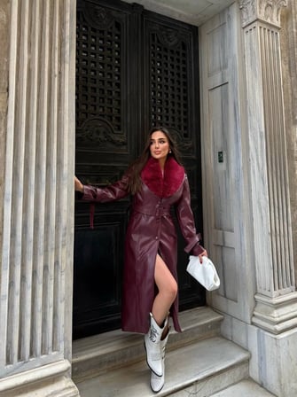 Kemerli, Kürk Detaylı Uzun Deri  Kadın Kaban - Bordo
