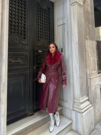 Kemerli, Kürk Detaylı Uzun Deri  Kadın Kaban - Bordo