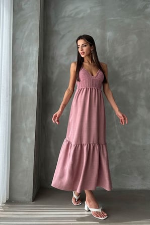 Pudra Askılı V Yaka Triko Detaylı Maxi Elbise – Yazlık Kadın Uzun Elbise - Pembe