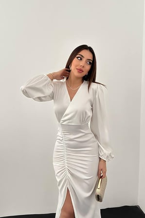 Beyaz V Yaka Saten Elbise - Beyaz