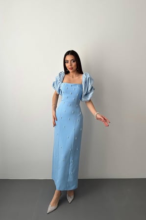 Bebe Mavi İşlemeli Kolu Garnili Elbise - Bebe Mavi