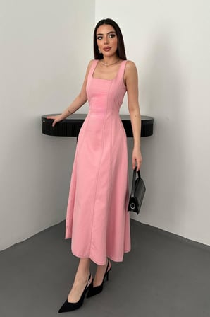 Pembe Çift Dikişli Gabardin Elbise - Pembe