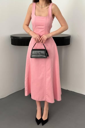 Pembe Çift Dikişli Gabardin Elbise - Pembe