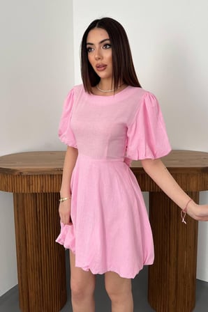 Pembe Arkadan Bağlamalı Keten Elbise - Pembe