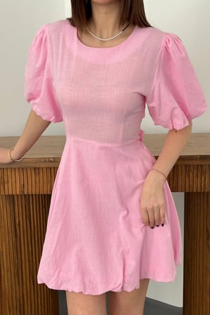 Pembe Arkadan Bağlamalı Keten Elbise - Pembe