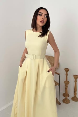 Sarı Halter Yaka Kloş Elbise - Sarı