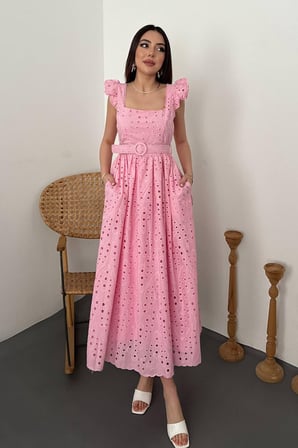 Pembe Dantelli Brode Elbise - Pembe
