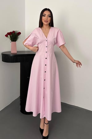 Pembe Düğmeli Midi Boy Poplin Elbise - Pembe