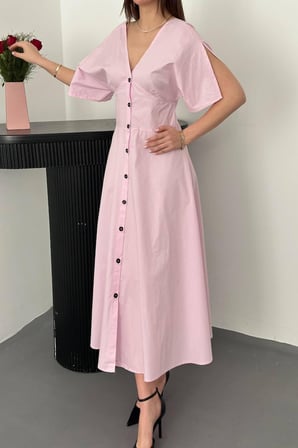 Pembe Düğmeli Midi Boy Poplin Elbise - Pembe