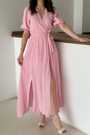 Pembe Kruvaze Yaka Müslin Keten Elbise - Pembe
