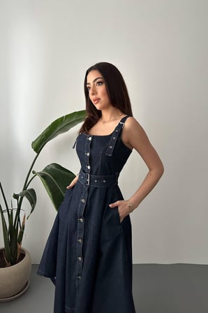Mavi Etek Ucu Asimetrik Kot Elbise - Mavi