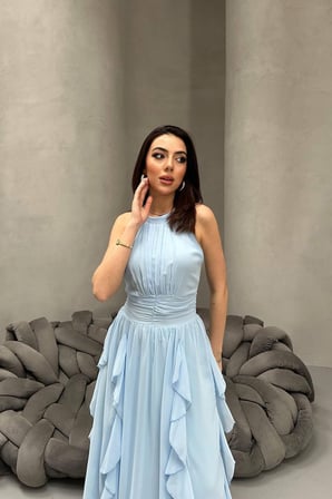 Bebe Mavi Önü Büzgülü Fırfırlı Elbise - Bebe Mavi