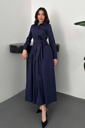 Lacivert Düğmeli Poplin Elbise - Lacivert