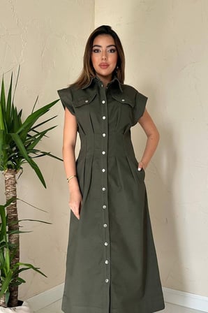Haki Pile Detaylı Düğmeli Gabardin Elbise - HAKİ