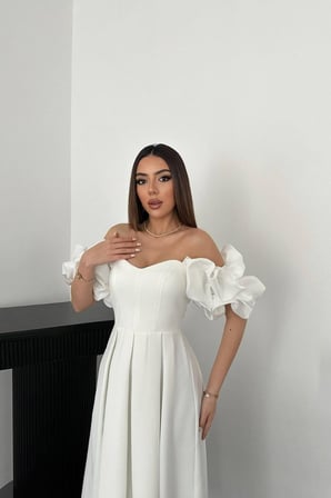 ✨ Beyaz Balon Kollu Midi Abiye Elbise – Zarif ve Şık Davet Stili ✨ - BEYAZ