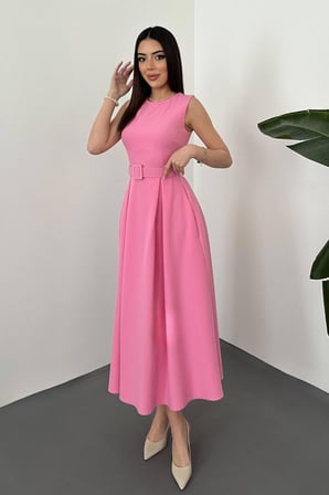 Pembe Halter Yaka Kloş Elbise - PEMBE