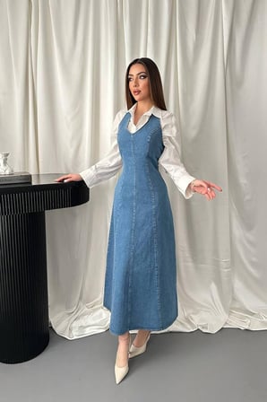 Mavi Halter Yaka Jean Elbise - Mavi