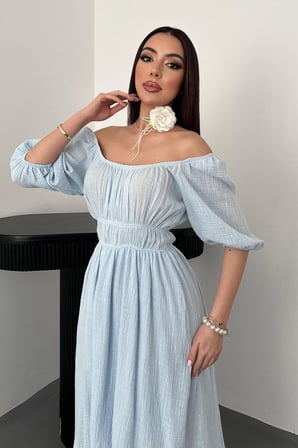 Bebe Mavi Yakası Büzgülü Müslin Keten Elbise - Bebe Mavi