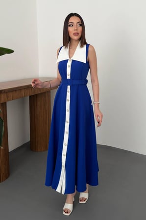 Saks Geniş Yakalı Halter Kollu Elbise - Saks