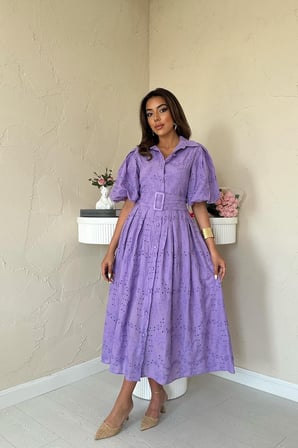 Lila Pileli Balon Kol Elbise - Lila
