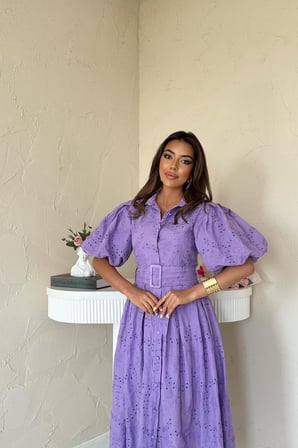 Lila Pileli Balon Kol Elbise - Lila
