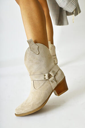 Fate Kadın Bej Süet Termo Taban Sivri Burunlu Western Kovboy Bot