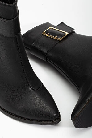 Anna Eva Siyah Cilt Sivri Burunlu Fermuarlı Kalın Topuklu Bot 