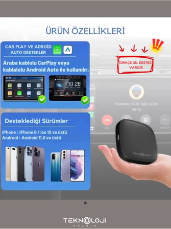 Kablosuz CarPlay ve Android Auto Adaptörü, 2GB RAM 32GB ROM, Türkçe Arayüz, Netflix ve YouTube Destekli